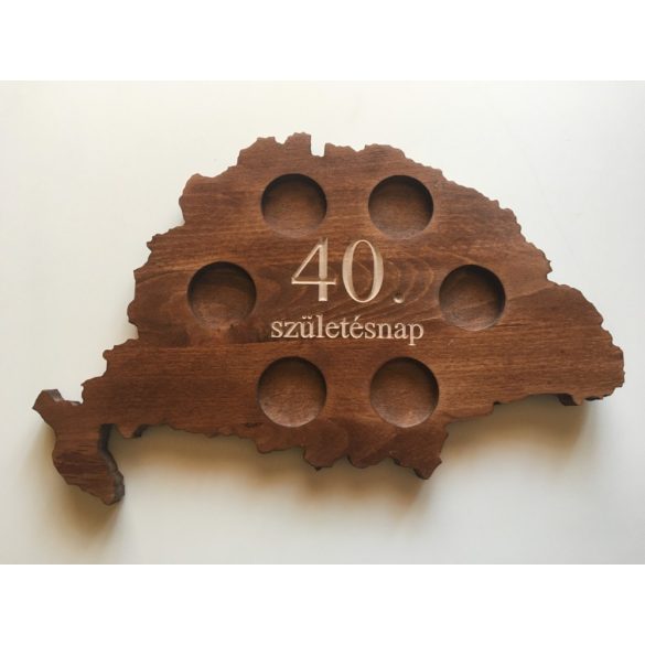 Feliratos ital vagy pálinka kínáló, faragott Nagy-Magyarország (dió színben), 6 db 0,5dl-es ón címeres pohárral