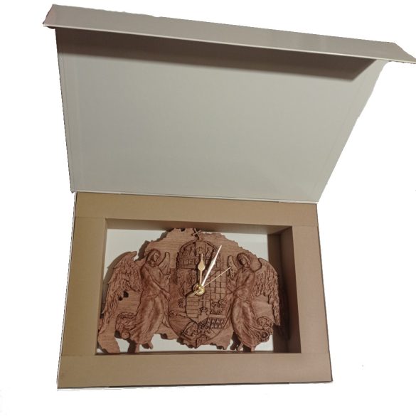 Faragott Nagy-Magyarország térkép angyalos címerrel falióra dió színben, díszdobozban