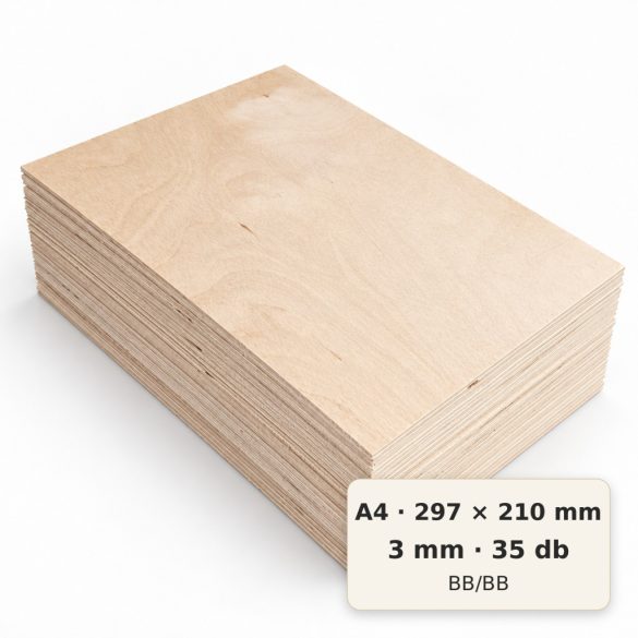 A4/297×210 mm-es, 3 mm vastag BB/BB nyír falap, 35 db