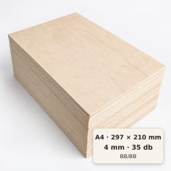 A4/297×210 mm-es, 4 mm vastag BB/BB nyír falap, 35 db