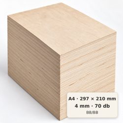 A4/297×210 mm-es, 4 mm vastag BB/BB nyír falap, 70 db