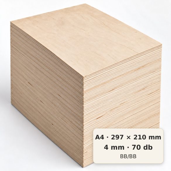 A4/297×210 mm-es, 4 mm vastag BB/BB nyír falap, 70 db