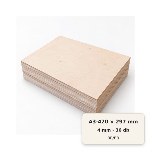 A3/420×297 mm-es, 4 mm vastag BB/BB nyír falap, 36 db