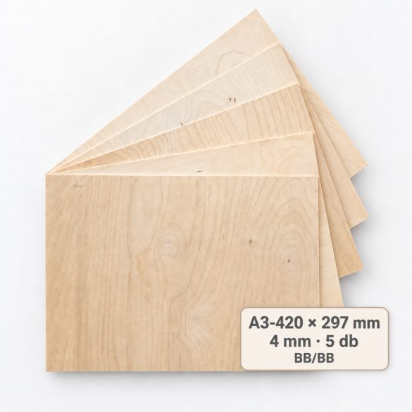 A3/420×297 mm-es, 4 mm vastag BB/BB nyír falap, 5 db